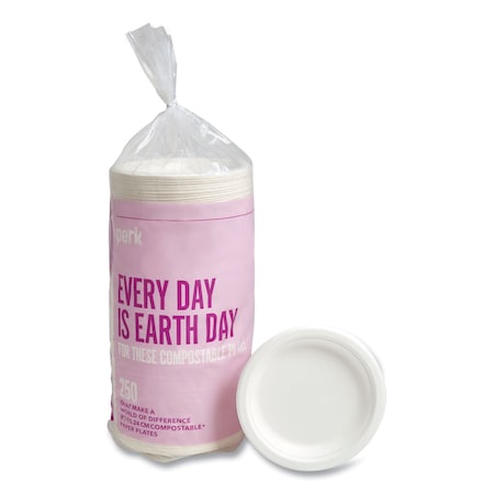 Perk PFAS-Free Compostable Bagasse Plates, Sugarcane, 6in dia, White, 250PK PK61286