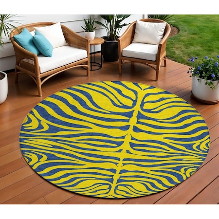 Homeroots 8' Yellow And Blue Round Animal Print Washable Indoor Outdoor Area Rug 600716