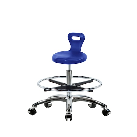Blue Ridge Ergonomics Poly Serpent Stool Chrome - Medium Bench Height with Chrome Foot Ring & Chrome Casters in Blue Poly PSPMBSL-CR-CF-CC-BLU