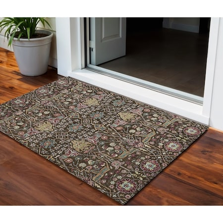 3' X 5' Chocolate Red And Gold Floral Washable Indoor Outdoor Area Rug