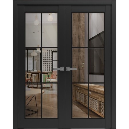 Sartodoors Solid French Double Doors Clear Glass, Lucia 2366 Matte Black and Aluminum Strips, Wood Solid Pane LUCIA2366DD-BLK-36 x 96 (2* 18x96)-Butterfly