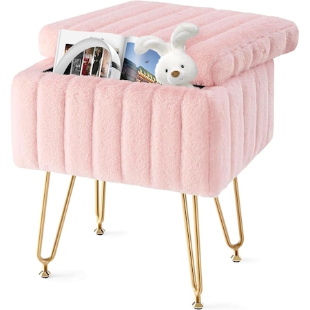 Simple Deluxe Vanity Chair Stool with Storage, Ottoman Soft Faux Fur Padded Makeup Seat, Adjustable Height Footst 3A88HKOTTOASMPNK