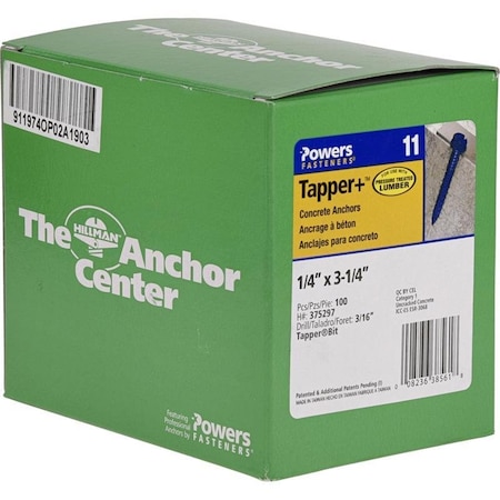 Hillman Tapper 1/4 in. D X 3.25 in. L Steel Hex Head Concrete Screw Anchor, 100PK 375297