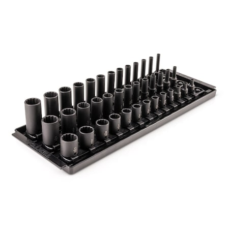 Tekton 1/4in Dr Shallow, Semi-Deep, and Deep 12pt Impact Socket Set w/Rails and Trays, 39pc (5/32-11/16 in) SID90115
