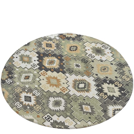 Homeroots 8' Fern Green Gold And Charcoal Round Southwestern Washable Indoor Outdoor Area Rug 632265