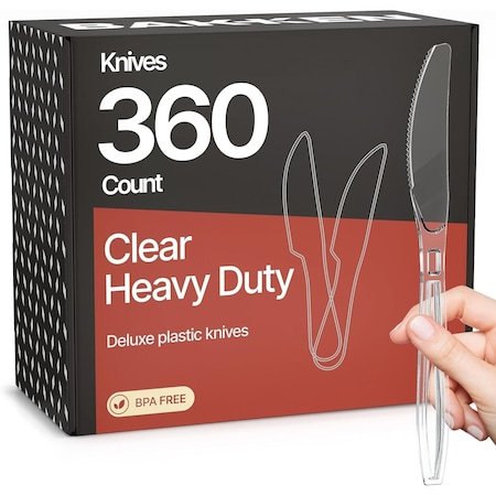Bakkenmaster Disposable Cutlery Set Heavy-Duty BPA-Free Plastic Knives, Reusable and Heat-Resistant, 360PK BK-360CK
