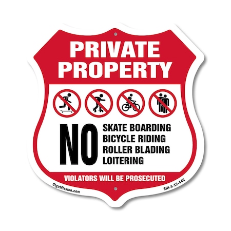 Signmission Private Property Shield Sign No Skateboa, 12 Inch X 12 Inch, Aluminum Metal Sign SHI-A-12-442