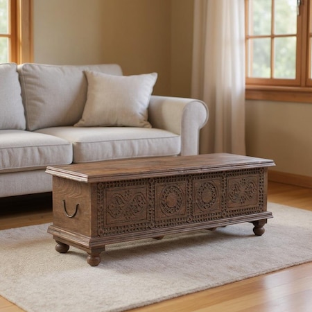 Homeroots 54" Brown Solid Wood Medallion Storage Ottoman 642285