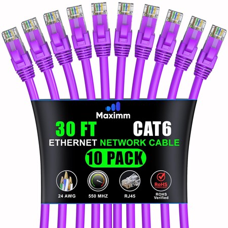 Maximm Cat6 Ethernet Cable 30ft 10Gbps 550MHz UTP, 10PK, Purple, 10PK CAT6-CCA-30FTPURPLE-10PK