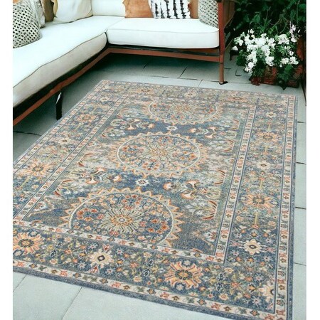 Homeroots 5' X 7' Blue and Orange Floral Medallion Stain Resistant Indoor Outdoor Area Rug 531513
