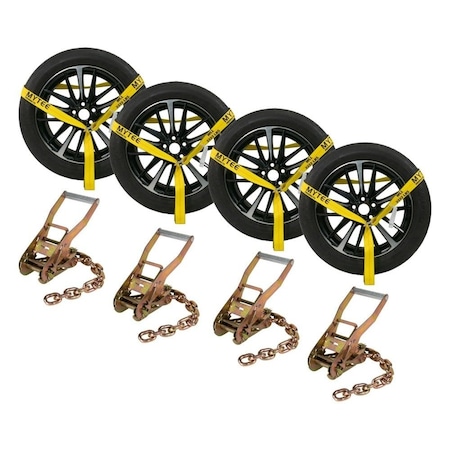 Mytee Products 4Pk Car Tire Tie Down Ratchet Lasso Straps w/ Chain Extension 3,335 # WLL 2inx12ft, 4PK RST-212SMCEx4