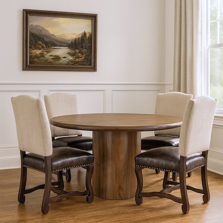 Homeroots Five Piece Brown Round Solid Wood Dining Set with Four Chairs 644504