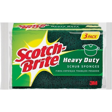 Scotch-Brite Scrub Sponge, 2-3/4 in L, 4-1/2 in W, 0.6 in Thick, Cellulose/Synthetic Fiber, Green HD-3