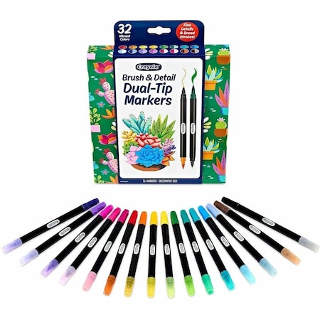 Crayola Brush & Detail Dual-Tip Markers, 32 Colors in 16 Markers 58-6755