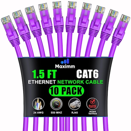 Maximm Cat6 Ethernet Cable 1.5ft 10Gbps 550MHz UTP, 10PK, Purple, 10PK CAT6-CCA-1.5FT-PURPLE-10PK