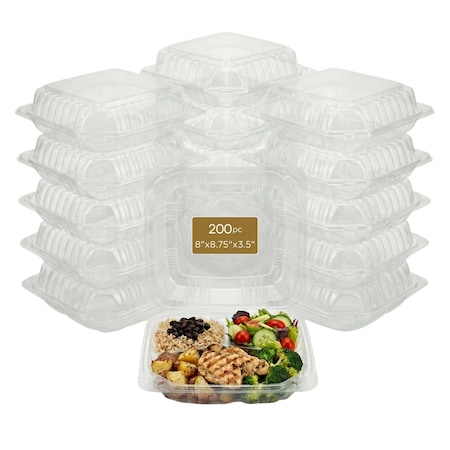 Eco Harmony Products Clear Hinged Food Storage Container, Polystyrene, Tall, 3 compartment, 9" x 8.75", 200PK 804633