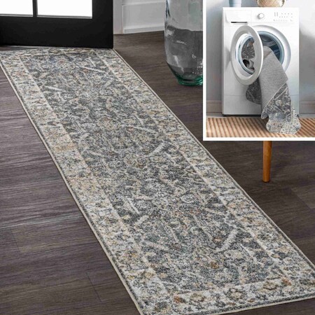 Jonathan Y Brandy Rustic Border Low-Pile Machine-Washable Dark Gray/Cream 2 ft. x 8 ft. Runner Rug WSH321A-28