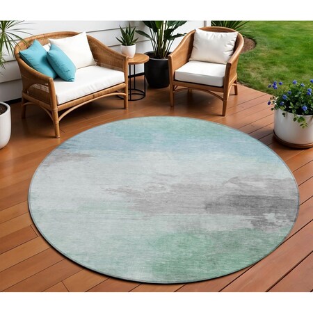 Homeroots 8' Blue And Mint Green Round Abstract Washable Indoor Outdoor Area Rug 611284