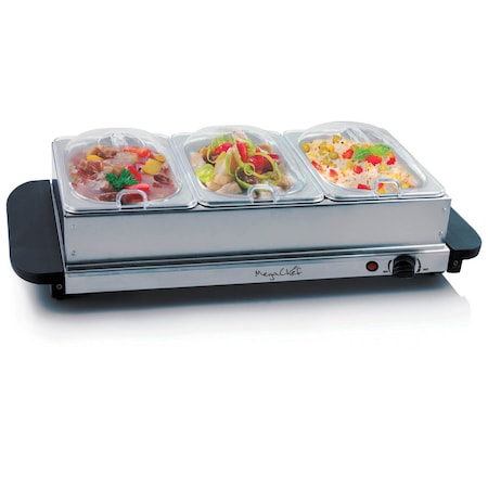 Megachef Buffet Server Food Warmer With 3 Sectional Trays , Heated Warming Tray and Removable Frame MC-9003B