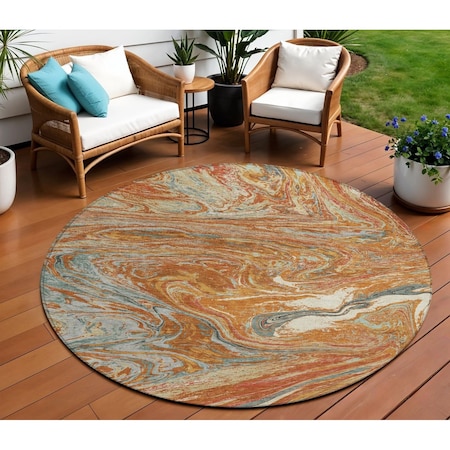 Homeroots 8' Brown Beige And Gray Round Abstract Washable Indoor Outdoor Area Rug 602667