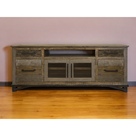 Homeroots 76" Brown Solid Wood Cabinet Enclosed Storage Distressed TV Stand 528722