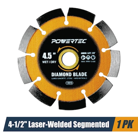 Powertec 4-1/2in Laser-Welded Segmented Diamond Saw Blade for Angle Grinder, Diamond Blade 14010