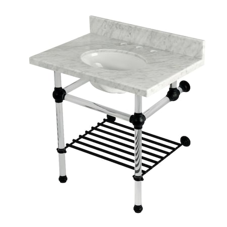 Kingston Brass 30-Inch Carrara Marble Console Sink with Acrylic Legs and Shelf, 8-Inch, 3-Hole KVPB3030MAB0