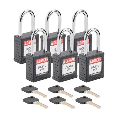 Brady Velocity Lockout Padlocks Nylon 1.5in Shackle Clearance KA Black 6PK SDPL-BLK-38ST-KA6