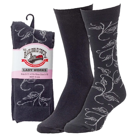Railroad Sock Womens Crew Socks, 36% Cotton, 24% Polyester, 28% Nylon, 2% Spandex, Black/Grey/Navy/Print, 2 PK 643
