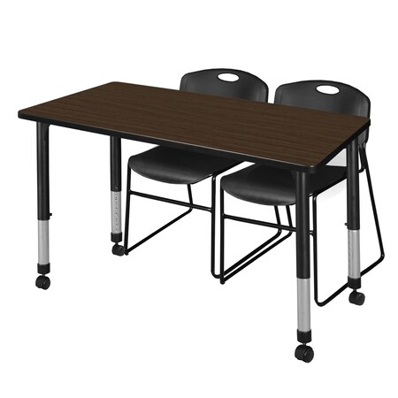 Regency Kee Mobile Adjustable Classroom Table W/ 2 Zeng Stack Chairs, 60 in W, 24 in L, Neo Walnut MT6024NWAPCBK44BK