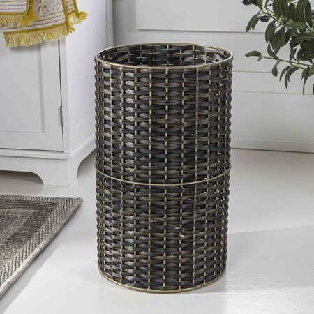 Happimess Cecil Modern 4.13-Gallon Faux Wicker Cylinder Waste Basket, Dark Bronze/Gold HPM1100C