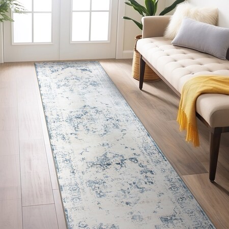 World Rug Gallery Traditional Vintage Distressed Washable Non Slip Runner Rug 2 ft x 8 ft Blue WR77BLUE2X8