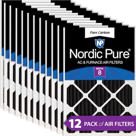 Nordic Pure 16x25x2 Pure Carbon Pleated Air Filter, High Capacity, MERV 8, 12 PK 16x25x2PCP-12