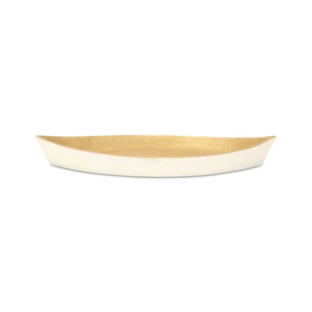 Homeroots 10in Gold And Off White Cast Iron Oval Boat Shaped Tray 634798