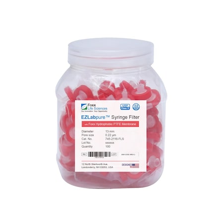 Foxx Life Sciences EZlabpure Hydrophobic PTFE Syringe Filters, 0.22um Pore Size Membrane, 13 mm, Non-Sterile, 100PK 745-2116-FLS