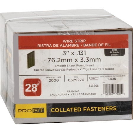 Pro-Fit 3'' x 0.131'' 28 Degree Wire Strip Smooth Shank Round Head Brite Framing Stick Nails, 2000 Ct. 629270