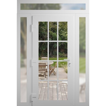 Vdomdoors Front Exterior Prehung Metal-Plastic Door Clear Glass / MANUX 8355 White Silk / Office Commercial a MANUX8355EXD-WS-W12+36+12xH80+16-RH-I