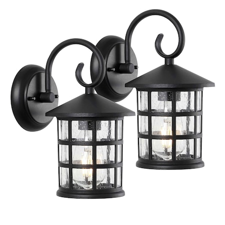 Jonathan Y Cadiz 6" 1-Light Iron/Seeded Glass Cottage Rustic Scrolled Lantern LED Outdoor Sconce, Black, 2PK JYL7609A-SET2