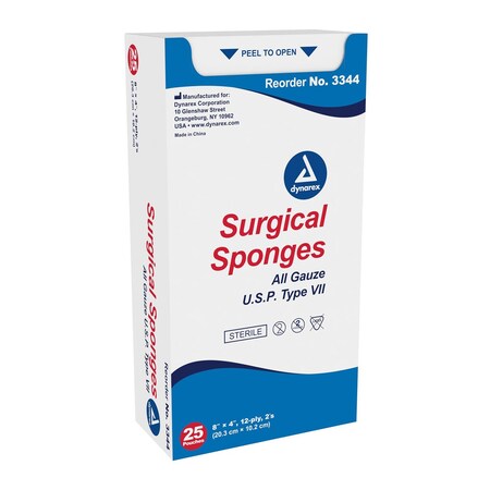 Dynarex Surgical Gauze Sponge - Sterile 2's, 8"x4", 12 Ply, 500PK 3344
