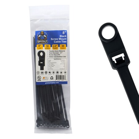 Grizzly Supply Screw Mount Cable Tie, 8 in L, 50 lb Strength, 2.2 in Max Bundle Dia, Nylon, UV-Rated, Black, 30PK GS-SM8-50-0T