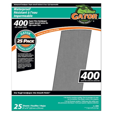 Gator Finishing 9 x 11 in Waterproof Sandpaper, 400 Grit, Super Fine, 25PK 4239
