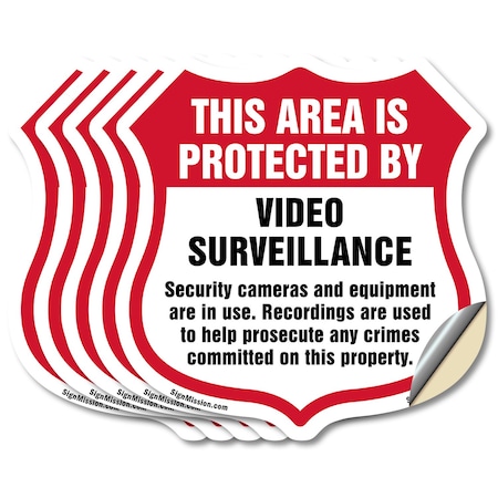 Signmission Video Surveillance Shield Sign This Area, 4 inch X 4 inch, Vinyl Decal, 5PK SHI-D-5PACK-4-473