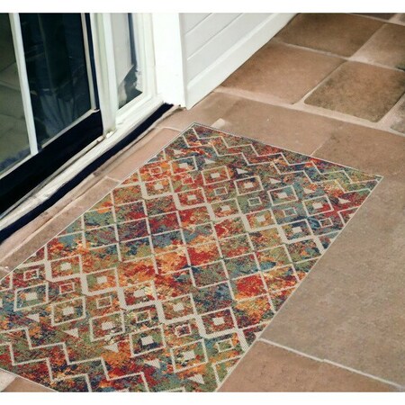 Homeroots 2' X 3' Green Orange and Red Geometric Stain Resistant Indoor Outdoor Area Rug 548889