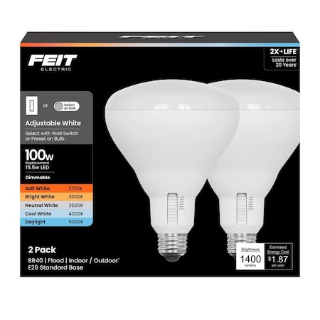 Feit Electric BR40 E26 Medium LED Bulb Adjustable White 100 Watt Equivalence, 2PK BR40100DM/6WY/2