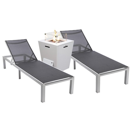 Leisuremod Marlin White Aluminum Patio Chaise Lounge Chair Set of 2 with Square Fire Pit Table, Black MLWCF21-77BL2