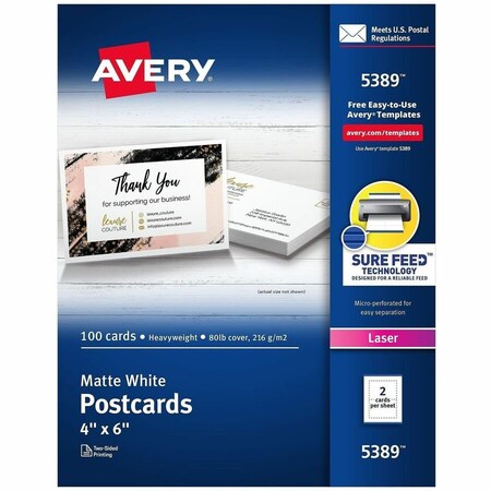 Avery Dennison Avery, Postcards For Laser Printers, 4 X 6, Uncoated White, 100PK 5389
