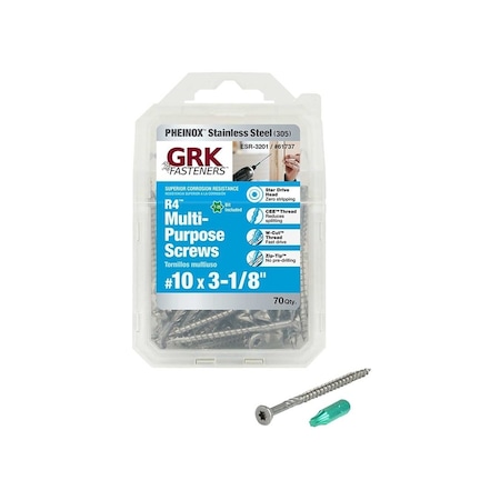 Grk Fasteners Framing and Decking Screw, #10 Thread x 3-1/8" L, W-Cut, Flat Head, Star Drive, Silver, 70PK 61737