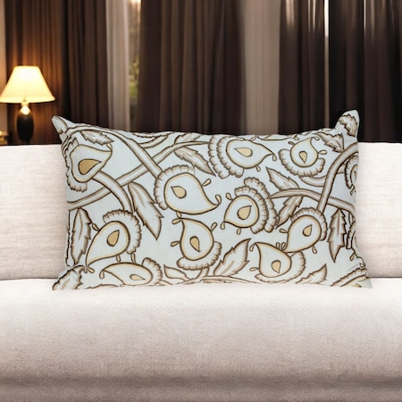 Homeroots 14" X 24" Brown and White Cotton Lumbar Throw Pillow with Embroidery 529253