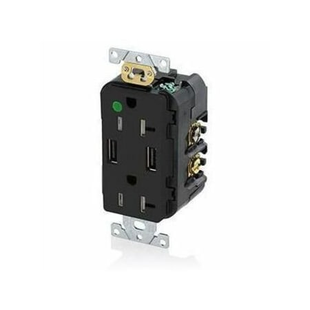 Leviton USB Receptacle, 20 A, 1 hp, Black, PBT T5832-HGE