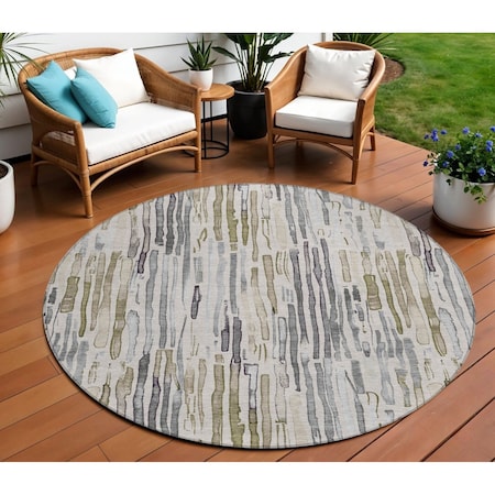 Homeroots 8' Beige And Gray Round Striped Washable Indoor Outdoor Area Rug 617688